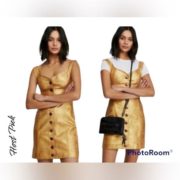 Free People Womens Goldie Metallic Leather Sweetheart Neckline Dress Size 2 Gold - Picture 1 of 10